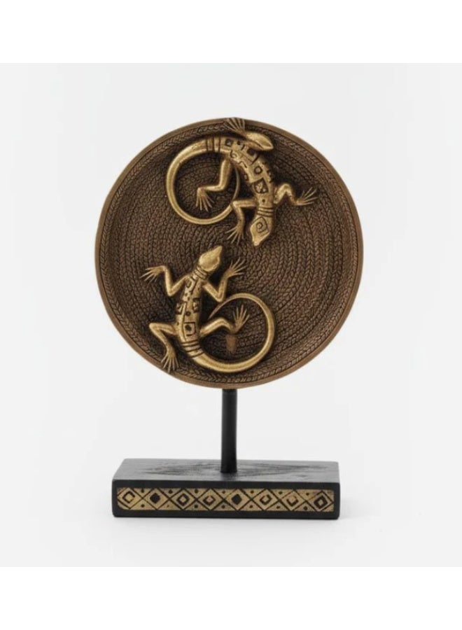 AKDC Polyresin Twin Lizards on Round Base Figurine – Gold Decorative Animal Sculpture 21 cm - Image 2