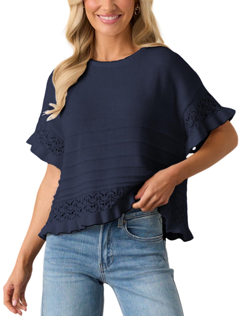 Yeokou Womens Short Sleeve Sweater Round Neck Ruffled Hem Knit Crochet Pullover Summer Fall Casual Top Blouse(Navy-S) - Image 2