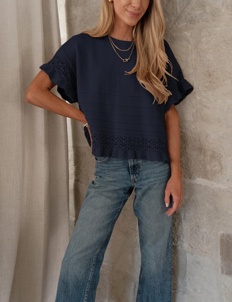 Yeokou Womens Short Sleeve Sweater Round Neck Ruffled Hem Knit Crochet Pullover Summer Fall Casual Top Blouse(Navy-S) - Image 5