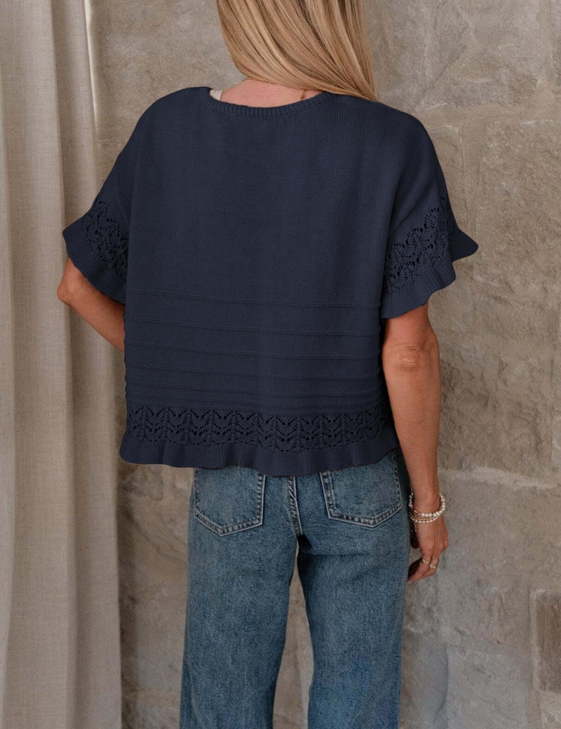 Yeokou Womens Short Sleeve Sweater Round Neck Ruffled Hem Knit Crochet Pullover Summer Fall Casual Top Blouse(Navy-S) - Image 4