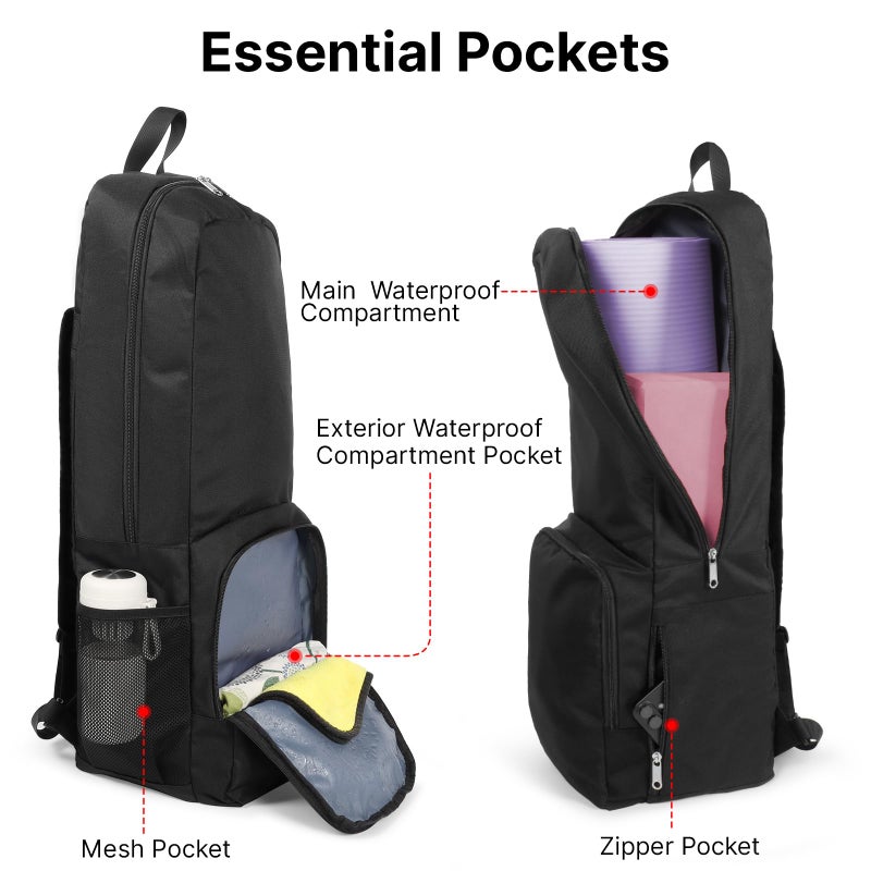Tangoner Yoga Mat Bag Carrier Zipper Closure Multi Functional Essential Pockets Exercise Yoga Mat Holder Backpack (Black) - Image 3