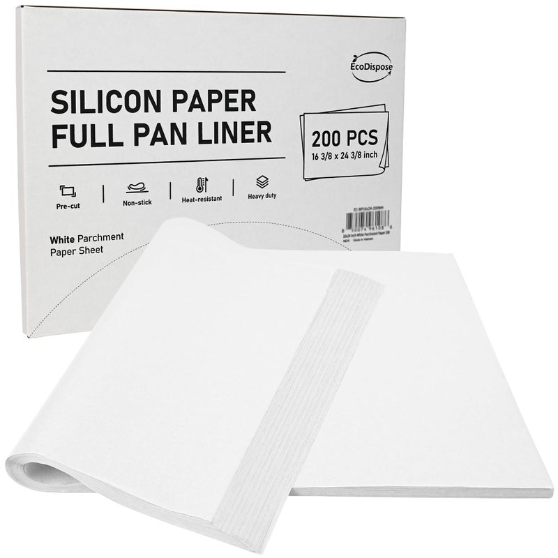 EcoDispose Non-Stick Precut Parchment Paper Baking Sheets Full Pan liner for Bake (16-3/8" x 24-3/9",White,200PCS) - Image 1