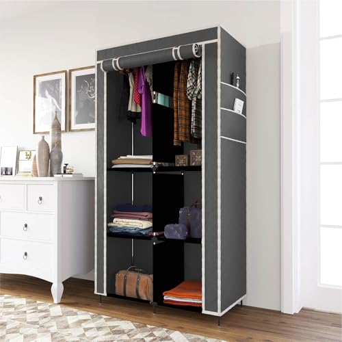GTC® 3+3 Layer Collapsible Wardrobe for Clothes with Side Pocket 7800-3 (84CM x 42.5CM x 166CM, Grey) Storage Unit - Image 1