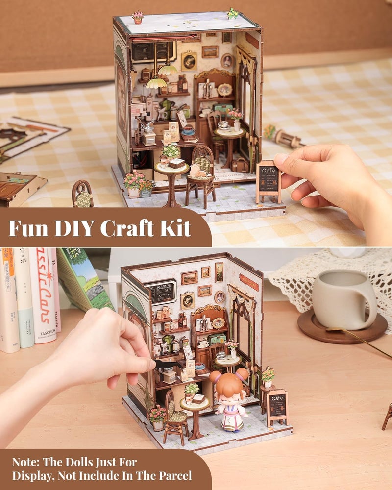CUTEBEE Book Nook Kit - DIY Miniature House Dollhouse Kit for Adult and Teens, Booknook Bookshelf Decor Alley Model Build with LED Light, Gifts for Family and Friends (Sunny Cafe) - Image 4