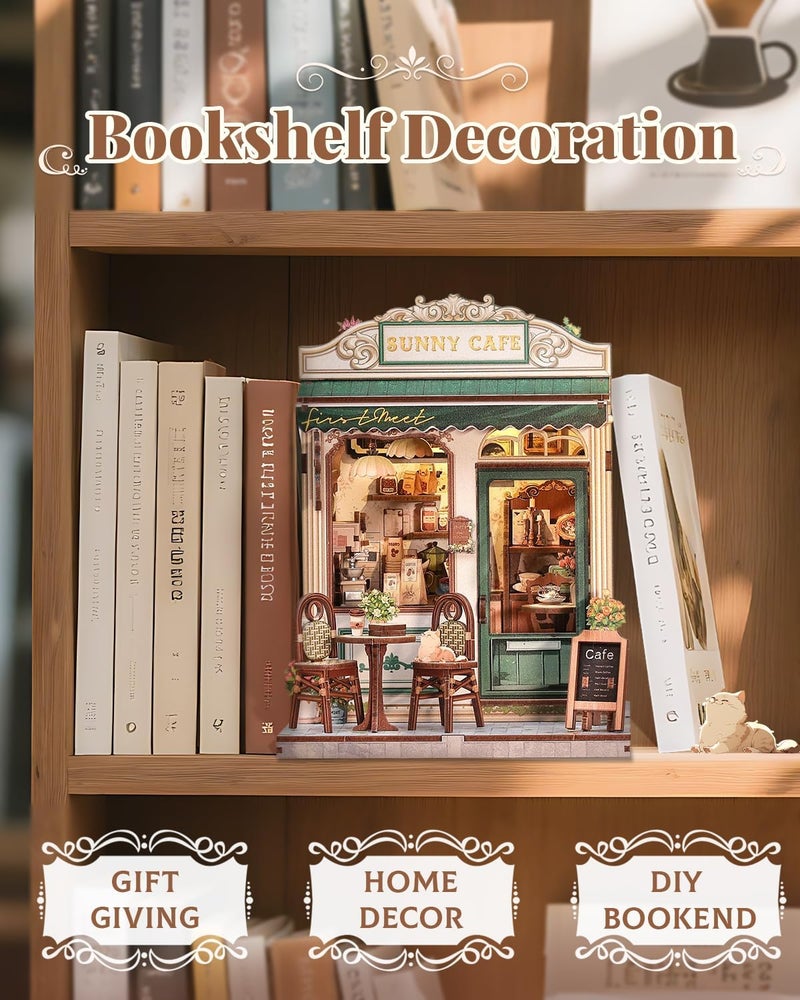 CUTEBEE Book Nook Kit - DIY Miniature House Dollhouse Kit for Adult and Teens, Booknook Bookshelf Decor Alley Model Build with LED Light, Gifts for Family and Friends (Sunny Cafe) - Image 3