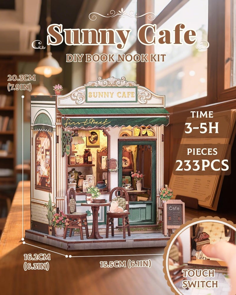 CUTEBEE Book Nook Kit - DIY Miniature House Dollhouse Kit for Adult and Teens, Booknook Bookshelf Decor Alley Model Build with LED Light, Gifts for Family and Friends (Sunny Cafe) - Image 2