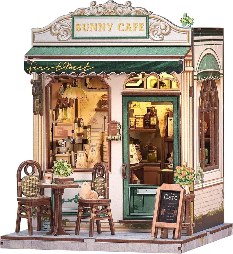 CUTEBEE Book Nook Kit - DIY Miniature House Dollhouse Kit for Adult and Teens, Booknook Bookshelf Decor Alley Model Build with LED Light, Gifts for Family and Friends (Sunny Cafe) - Image 1
