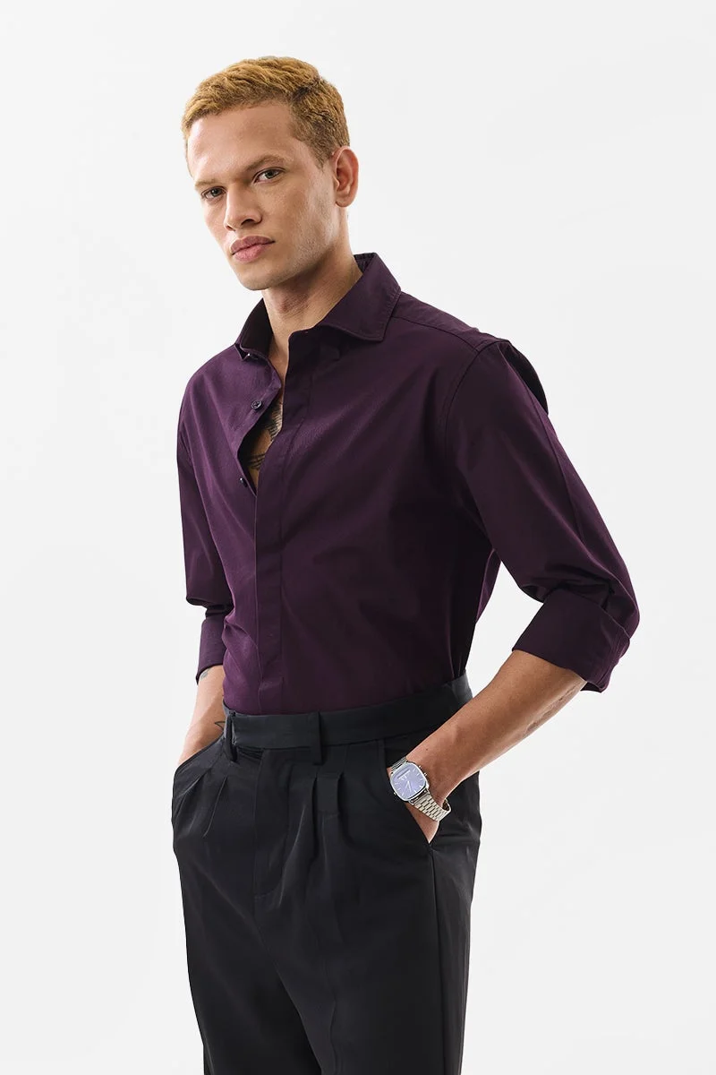 سنيتش Burgundy Solid Long Sleeve Slim Fit Shirt