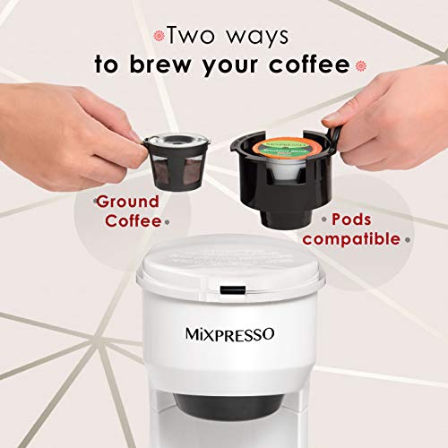 Mixpresso 2-in-1 Single Serve Coffee Maker - K-Cup & Ground Coffee Compatible - Fast 2-3 Min Brewing - Compact 14oz White Coffee Machine for Home Office - Image 2