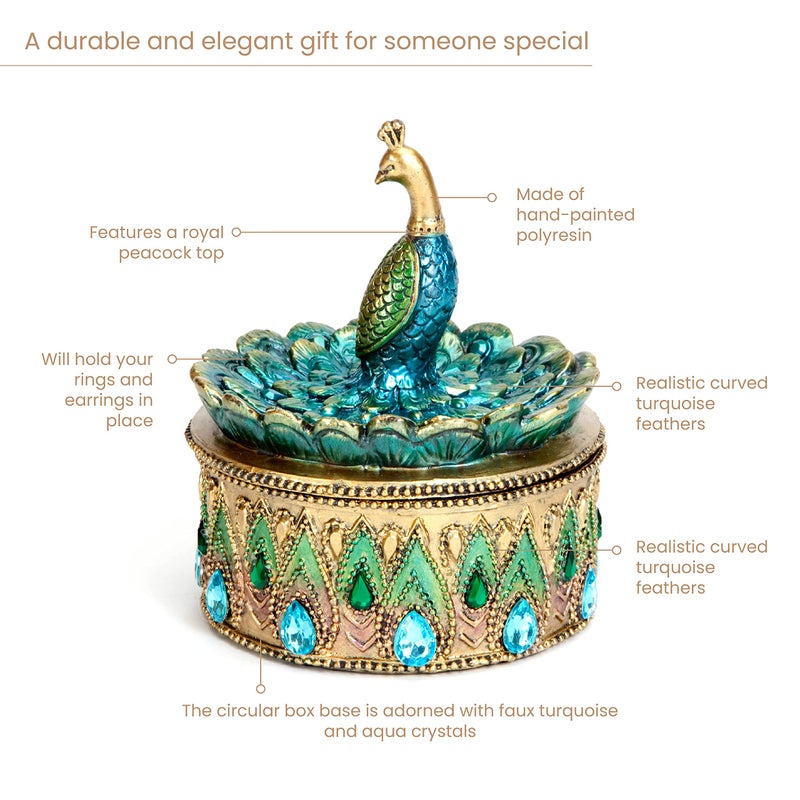 Bits and Pieces Peacock Jewelry Box for Women Small Keepsake Box with Peacock Figurine Lid - Decorative Boxes for Home Decor - Image 5