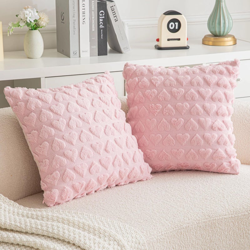 AQOTHES Set of 2 Heart Love Cute Pink Decorative Valentines Throw Pillow Covers 20x20 Soft Plush Faux Fur Wool Pillow Covers for Couch Sofa Home