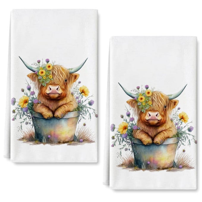 HIGHLAND COW KITCHEN DISH TOWEL 18 X 28 INCH RUSTIC FARMHOUSE DISHCLOTH SEASONAL CUTE COW DECORATIVE HAND TEA TOWEL FOR KITCHEN HOME COOKING BAKING CLEANING 2PCS