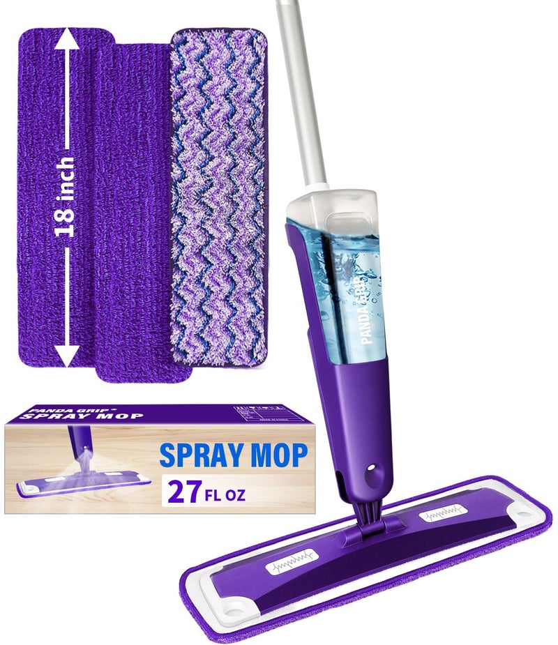 Panda Grip Mops for Floor Cleaning Wet and Dry Spray Mop with Refillable Spray Bottle and 3 Washable Microfiber Pads Home or Commercial Use Flat Mop for Hardwood Laminate Wood Ceramic Purple