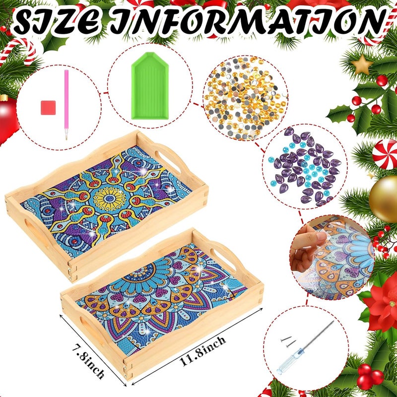 زنون زونون 2 قطعة صينية ماندالا DIY صينية ألماس رسم ألماس يدوي صينية خشبية ماندالا صينية ألماس زخرفية صواني تقديم خشبية ماسية بمقبض للكبار طاولة قهوة حفل عشاء طعام - Image 4