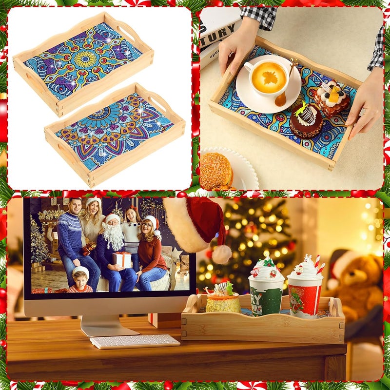 زنون زونون 2 قطعة صينية ماندالا DIY صينية ألماس رسم ألماس يدوي صينية خشبية ماندالا صينية ألماس زخرفية صواني تقديم خشبية ماسية بمقبض للكبار طاولة قهوة حفل عشاء طعام - Image 3