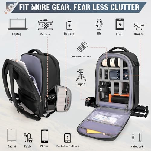 RAINSMORE Camera Backpack Hard Shell for DSLR/SLR Waterproof Camera Bag with Laptop Compartment 15.6 Inch Professional Camera Case with Rain Cover Photography Backpack Bag with Camera Lens Case Black - Image 2