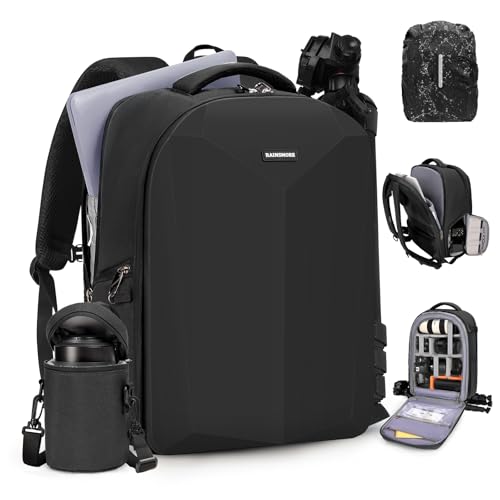 RAINSMORE Camera Backpack Hard Shell for DSLR/SLR Waterproof Camera Bag with Laptop Compartment 15.6 Inch Professional Camera Case with Rain Cover Photography Backpack Bag with Camera Lens Case Black - Image 1