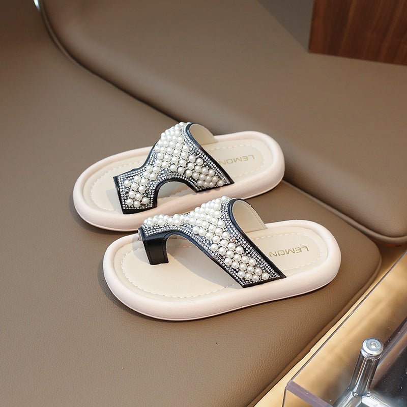 صنادل مفتوحة الأصابع للفتيات 2023 صيف جديد موضة الأطفال نعال لؤلؤة أسلوب كوري موضة صنادل الفتيات الصغيرات - Image 1