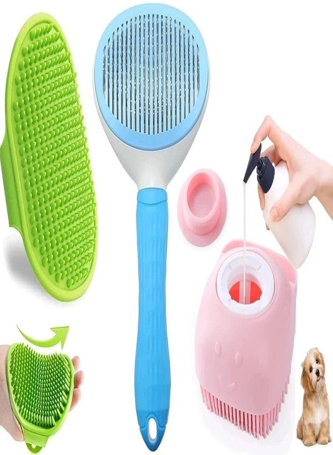 Agirav Dog Grooming Kit, 3-in-1 Combo Set with Self-Cleaning Slicker Brush, Rubber Bath Brush and Dual-Ended Toothbrush for Dogs and Cats, Pack of 3