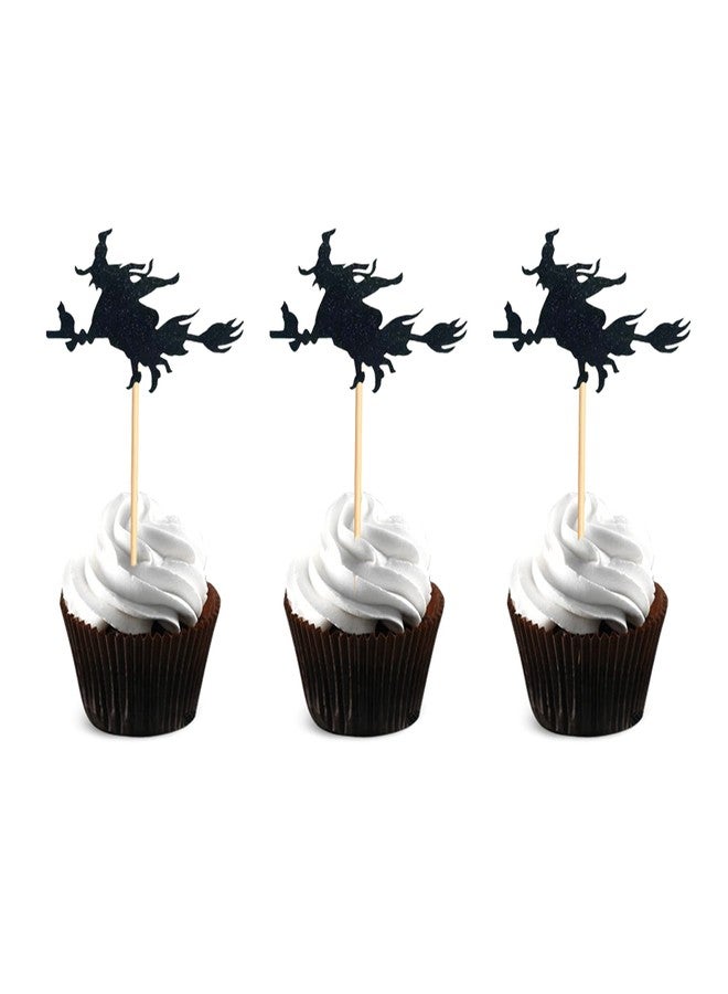 Arthsdite 24Pcs Witch Cupcake Toppers Black Glitter Halloween Party Decorations Halloween Cupcake Picks Birthday Cake Decoration Supply - Image 1