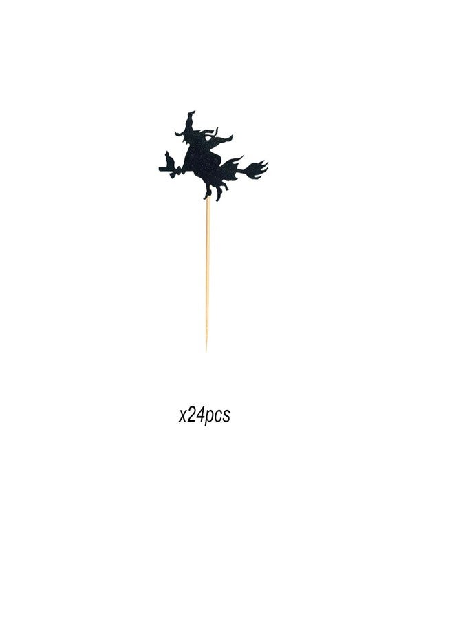 Arthsdite 24Pcs Witch Cupcake Toppers Black Glitter Halloween Party Decorations Halloween Cupcake Picks Birthday Cake Decoration Supply - Image 3