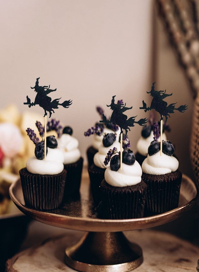 Arthsdite 24Pcs Witch Cupcake Toppers Black Glitter Halloween Party Decorations Halloween Cupcake Picks Birthday Cake Decoration Supply - Image 4