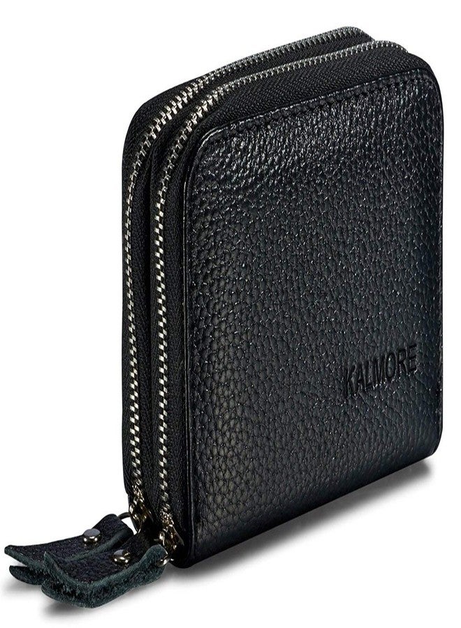 KALMORE Women's Leather RFID Secured Spacious Cute Card Wallet Small Purse, Black, Two Zippers - Image 1
