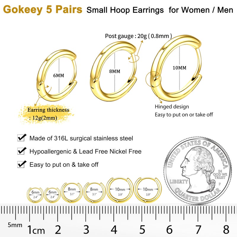 Gokeey Gold Hoop Earrings Set for Women Dainty 14K Gold Plated Hypoallergenic Earrings for Sensitive Ears Cute Huggie Hoop Earrings for Women Trendy Jewelry Gifts 5 Pairs 6mm6mm8mm10mm12mm - Image 4