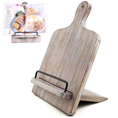 YANGSHUO Cookbook Stand Recipe Book Stand: Cook Book Stand for Kitchen Counter, Rustic Cook Book Stand Adjustable Tablet Cookbook Holder, Wood Cutting Board Style Cooking Gift for Woman - Gray - Image 1
