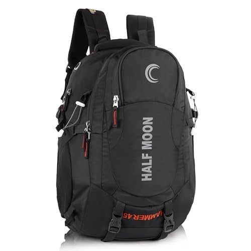 Half Moon 45L Hammer Waterproof 4 Compartment Rucksack Bags For Men/Trekking Bags For Men | With 17.3" Laptop Compartment & Rain Cover | For Trekking, Hiking, Travel Backpack For Unisex (Dark Black) - Image 1