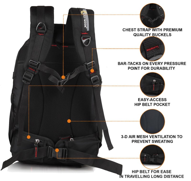 Half Moon 45L Hammer Waterproof 4 Compartment Rucksack Bags For Men/Trekking Bags For Men | With 17.3" Laptop Compartment & Rain Cover | For Trekking, Hiking, Travel Backpack For Unisex (Dark Black) - Image 5