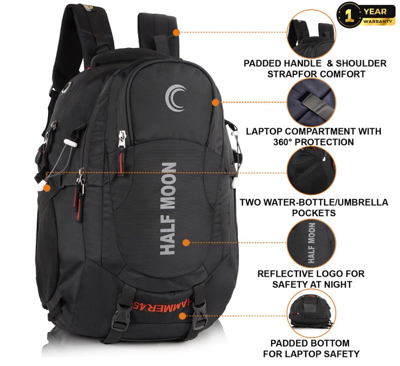 Half Moon 45L Hammer Waterproof 4 Compartment Rucksack Bags For Men/Trekking Bags For Men | With 17.3" Laptop Compartment & Rain Cover | For Trekking, Hiking, Travel Backpack For Unisex (Dark Black) - Image 2