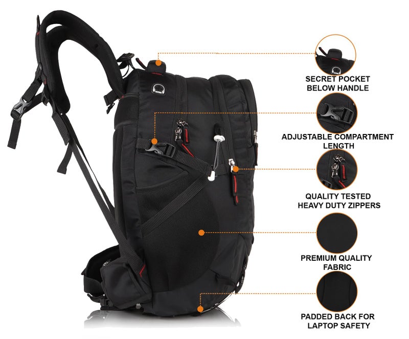 Half Moon 45L Hammer Waterproof 4 Compartment Rucksack Bags For Men/Trekking Bags For Men | With 17.3" Laptop Compartment & Rain Cover | For Trekking, Hiking, Travel Backpack For Unisex (Dark Black) - Image 4