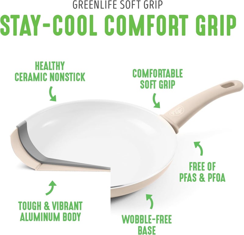 GreenLife Soft Grip 16 Piece Cookware Set, Non-Toxic PFAS-Free Ceramic Nonstick, Frying, Sauce, Saute, Utensils, Glass Lids, Stay-Cool Handles, Wobble Free, Dishwasher & Oven Safe, Taupe - Image 4