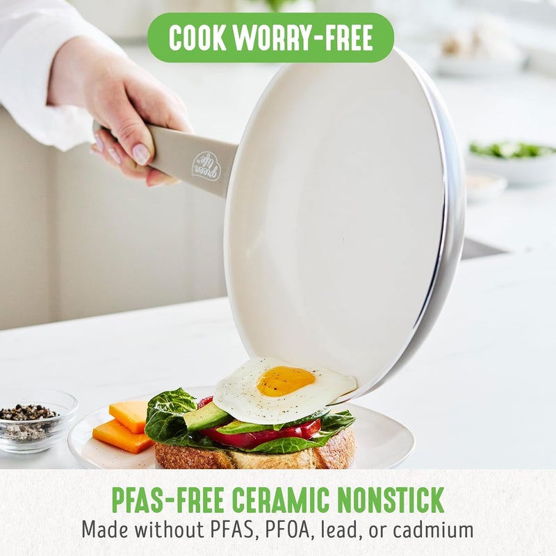 GreenLife Soft Grip 16 Piece Cookware Set, Non-Toxic PFAS-Free Ceramic Nonstick, Frying, Sauce, Saute, Utensils, Glass Lids, Stay-Cool Handles, Wobble Free, Dishwasher & Oven Safe, Taupe - Image 2