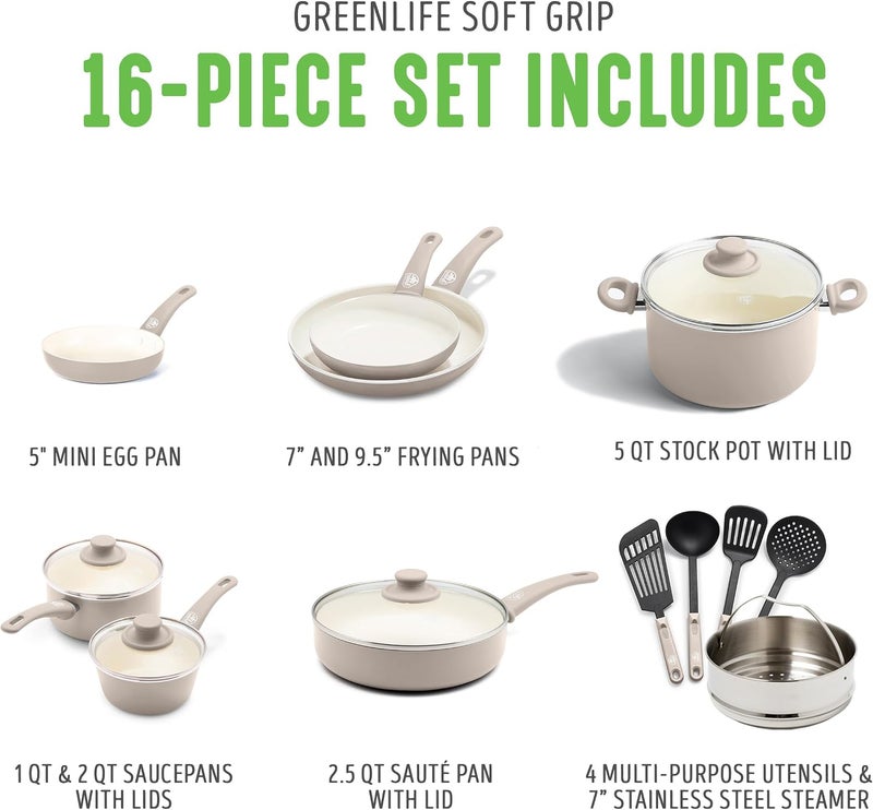 GreenLife Soft Grip 16 Piece Cookware Set, Non-Toxic PFAS-Free Ceramic Nonstick, Frying, Sauce, Saute, Utensils, Glass Lids, Stay-Cool Handles, Wobble Free, Dishwasher & Oven Safe, Taupe - Image 3