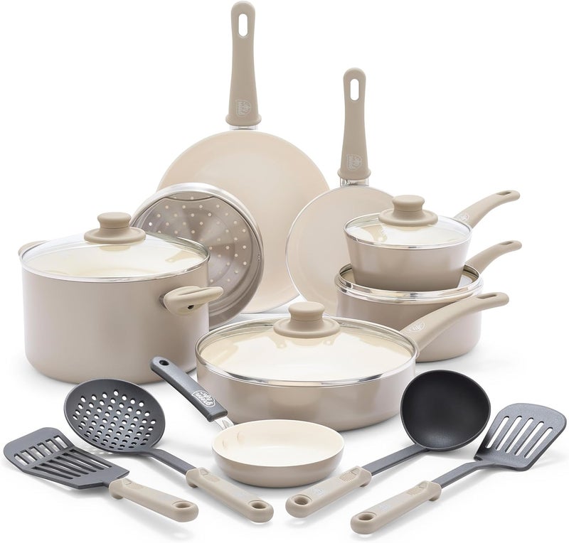 GreenLife Soft Grip 16 Piece Cookware Set, Non-Toxic PFAS-Free Ceramic Nonstick, Frying, Sauce, Saute, Utensils, Glass Lids, Stay-Cool Handles, Wobble Free, Dishwasher & Oven Safe, Taupe - Image 1