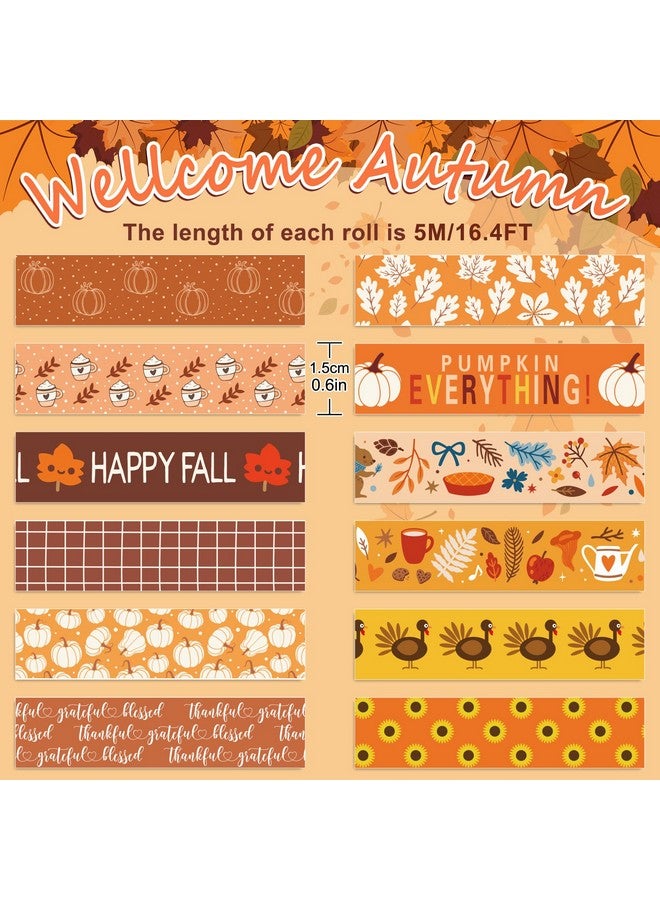 Whaline 12 Rolls Fall Thanksgiving Washi Tapes Assorted Autumn Pattern Decorative Tapes Pumpkin Turkey Dots Masking Tapes For Fall Thanksgiving Scrapbook Journal Diy Craft Gift Wrapping, 0.6Inch - Image 2