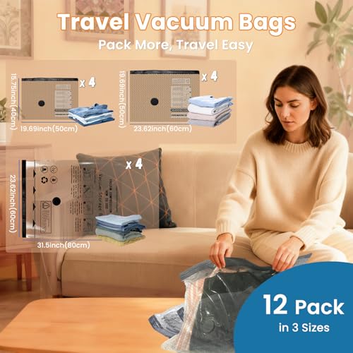 wowtron Vacuum Bags for Travel with Rechargeable Electric Pump 12 PCS 4S4M4L Storage Bags Vacuum Sealed Space Saver Bags Carryon Size Compression Packing Bags for Luggage and Suitcase - Image 3