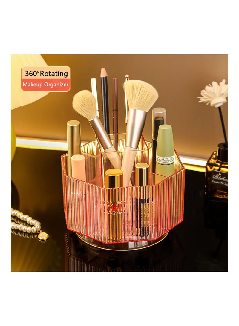 Excefore حامل فرش المكياج الدوار، حافظة عرض مستحضرات التجميل 360 درجة، حافظة شفافة لتنظيم ملمع الشفاه والمكياج مع 5 فتحات صينية تخزين دائرية دوارة للزينة والحمام ومنظم المنضدة، وردي شفاف - Image 2