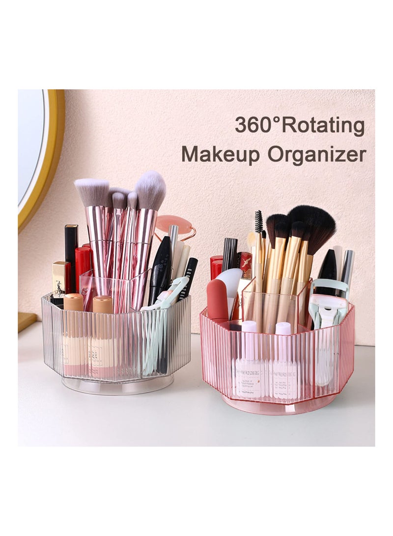 Excefore حامل فرش المكياج الدوار، حافظة عرض مستحضرات التجميل 360 درجة، حافظة شفافة لتنظيم ملمع الشفاه والمكياج مع 5 فتحات صينية تخزين دائرية دوارة للزينة والحمام ومنظم المنضدة، وردي شفاف - Image 3