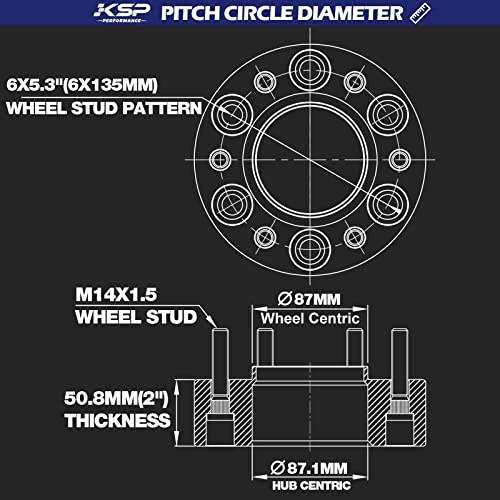 KSP PERFORMANCE فواصل عجلات KSP F150 بسمك 2 بوصة، فاصل عجلات 6x135 لفورد F150 إكسبيديشن نافيجيتور 2015-2023، بسمك 50.8 مم مع مسامير M14x1.5 وفتحة محور 87.1 مم، محولات عجلات مركزية 6 مسامير باللون الأسود 4 قطع - Image 2