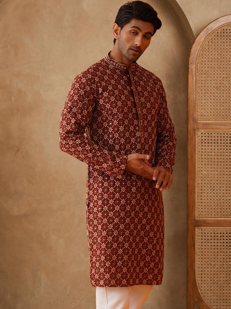Jompers Maroon Embroidered Kurtas for Men (Maroon, L) - Image 3