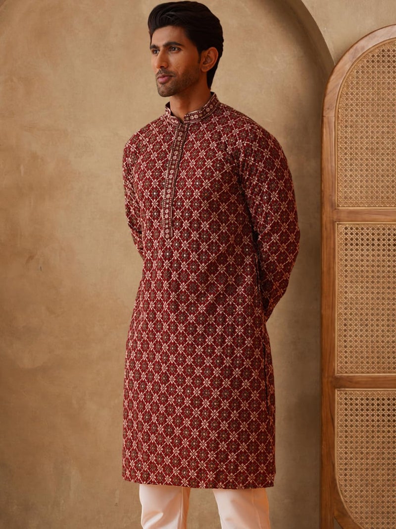 Jompers Maroon Embroidered Kurtas for Men (Maroon, L) - Image 4