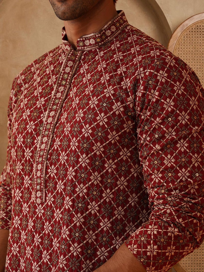 Jompers Maroon Embroidered Kurtas for Men (Maroon, L) - Image 5