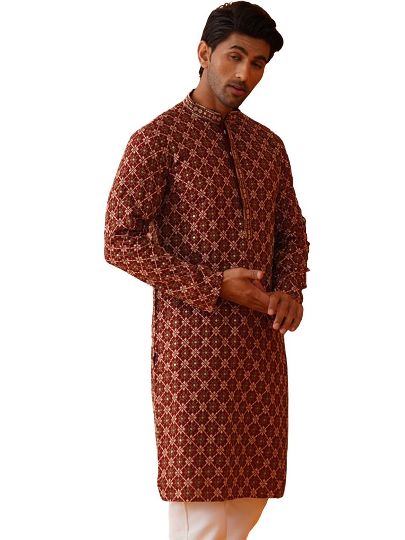 Jompers Maroon Embroidered Kurtas for Men (Maroon, L) - Image 1