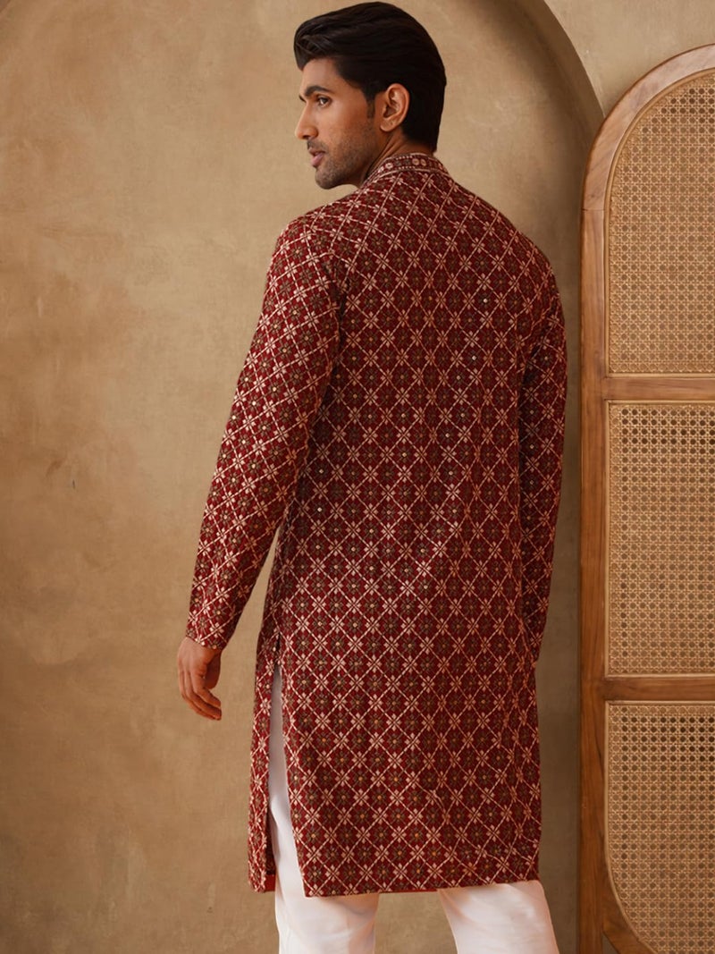 Jompers Maroon Embroidered Kurtas for Men (Maroon, L) - Image 2