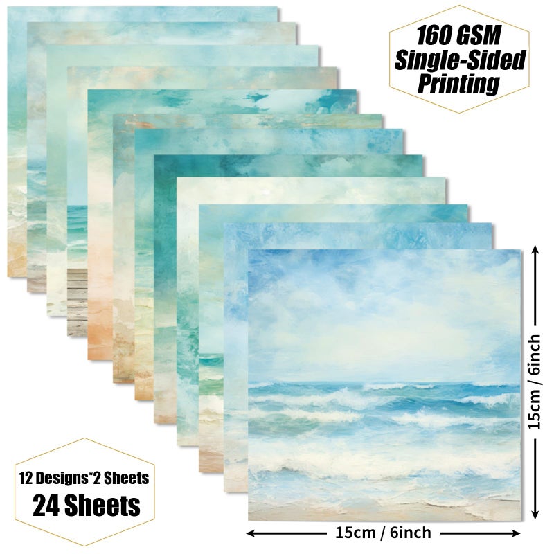 WLXTREE Ocean Sea Waves Scrapbook Paper - 6Ã—6 Premium Color Pages With 24 Single-Sided Sheets for Scrapbooking Supplies Paper Crafts Home Decoration Card Making Journaling Background Decorative - Image 2