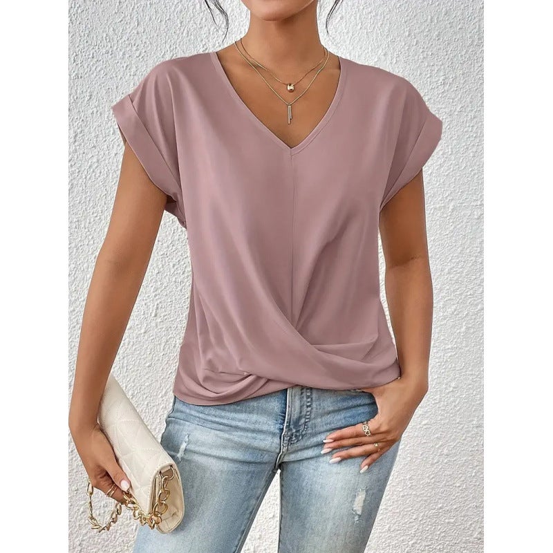 2024 Cross-border Explosions Solid Color V-neck T-shirt Elegant Short-sleeved Top Spring and Summer Womens Cross-border Lotus color 