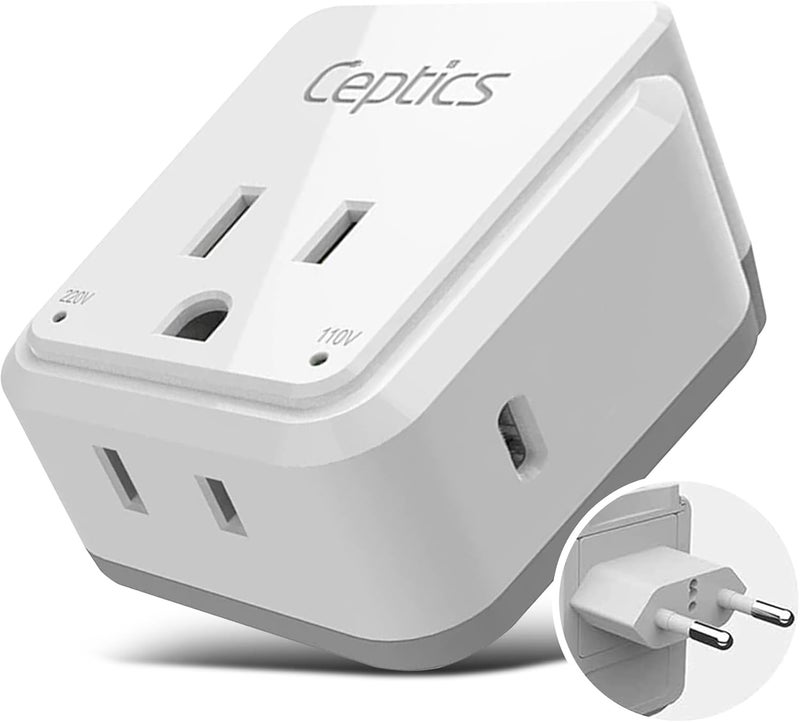 Ceptics European Plug Adapter, Safe USB-C 30W PD & QC 3.0-2 USA Socket - Compact & Powerful - Use in Greece, Italy, Switzerland, Turkey, Portugal - Includes Type C Swadapt Attachment - Image 1